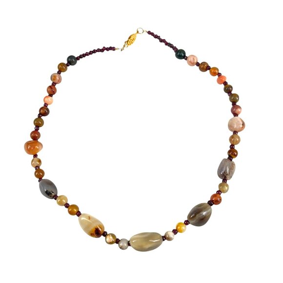 Beaded Necklace With Natural Agate Garnet & Gold-Tone Clasp 18'' Handmade Jewelr - Picture 1 of 6